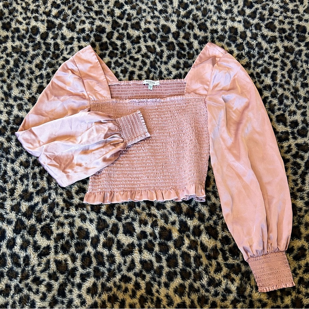 Guess Puff-Sleeve satin Crop Top - Pink